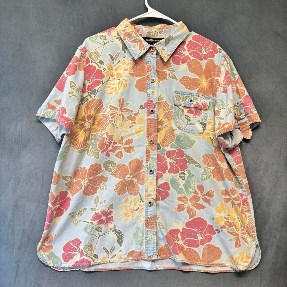 Sag Harbor Sport Woman Floral Denim Shirt Size 1X Button Down Tropical
